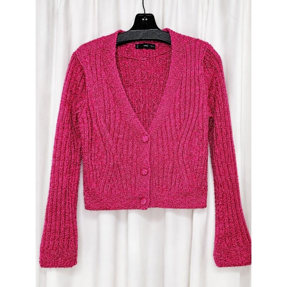 MNG Mango Fuchsia Metallic Lurex Cropped Cardigan Pink Magenta Shimmer Sweater